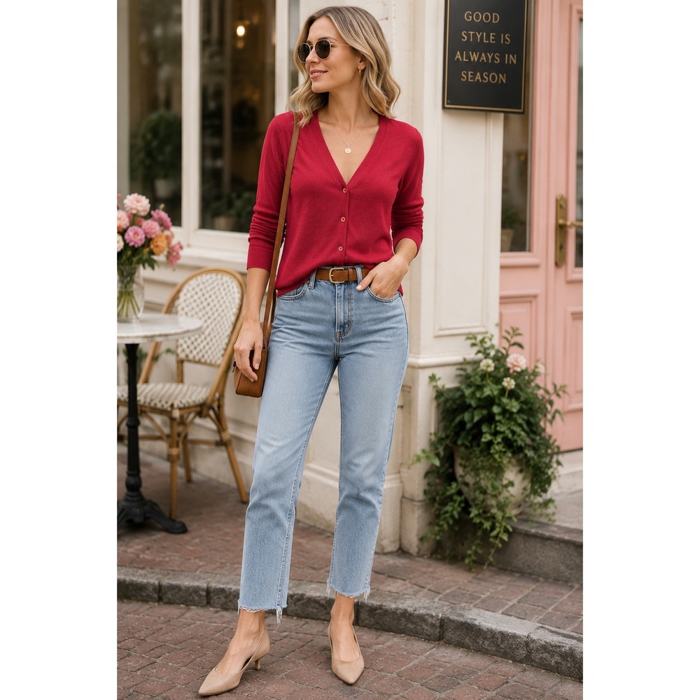 Liz Claiborne Collection Women's Medium Red Cardigan Preppy Lightweight Knit